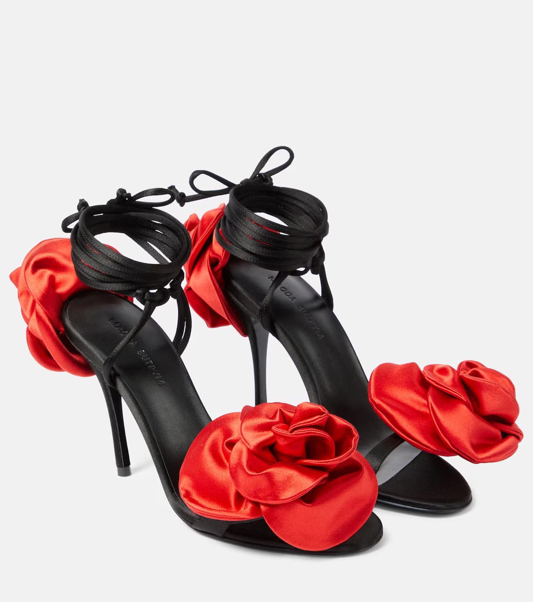 Floral-appliqué satin slingback sandals