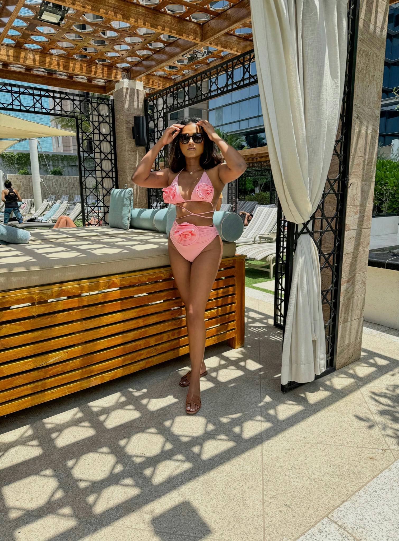 Magda Butrym, swimwear, bikini, flower bikini, 3D flower, pink bikini, beachwear , beach holiday, Dubai