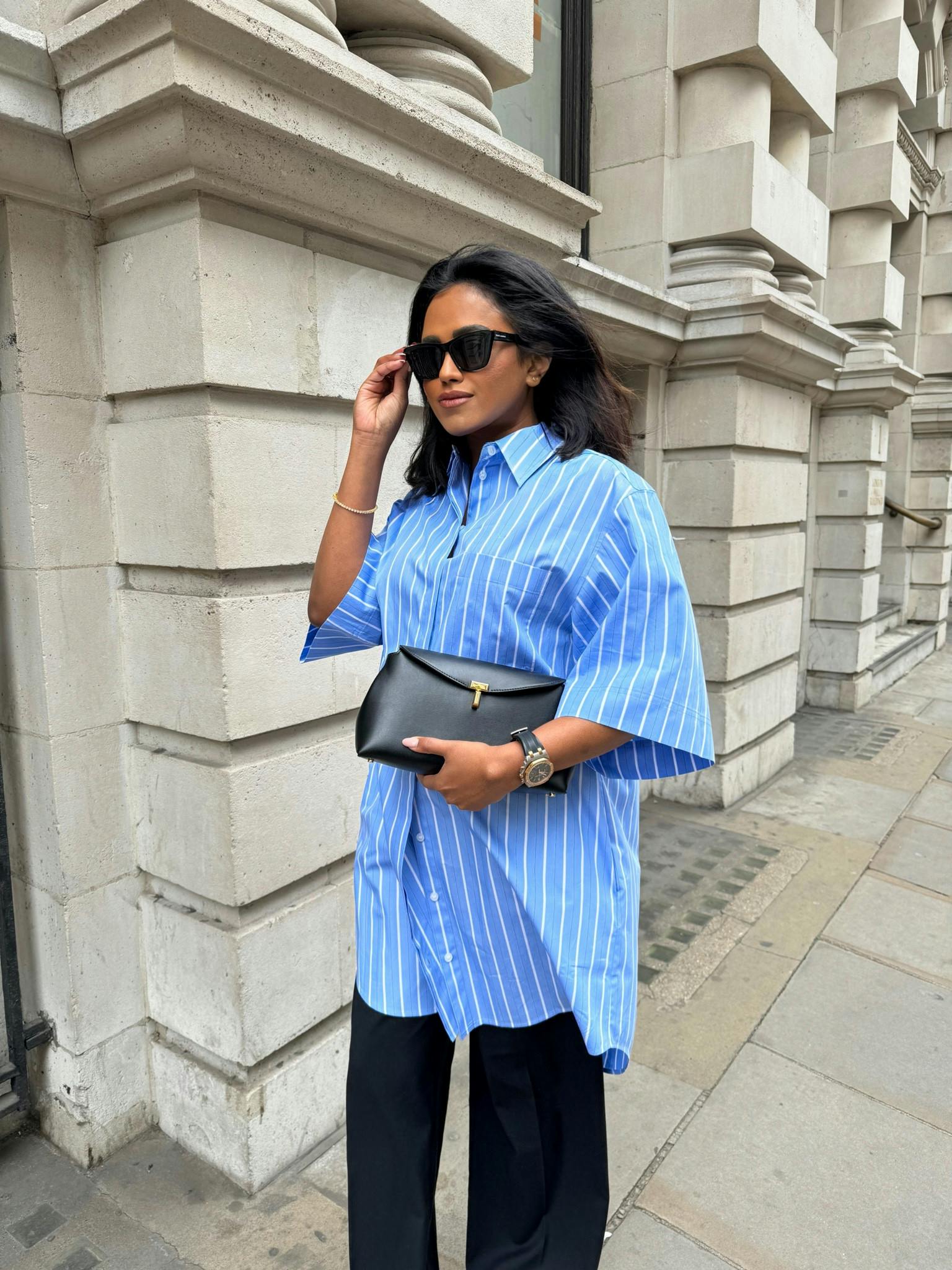 Oversized shirt, shirt dress, blue shirt, baby blue, cos, Toteme t clutch, workwear, casual style